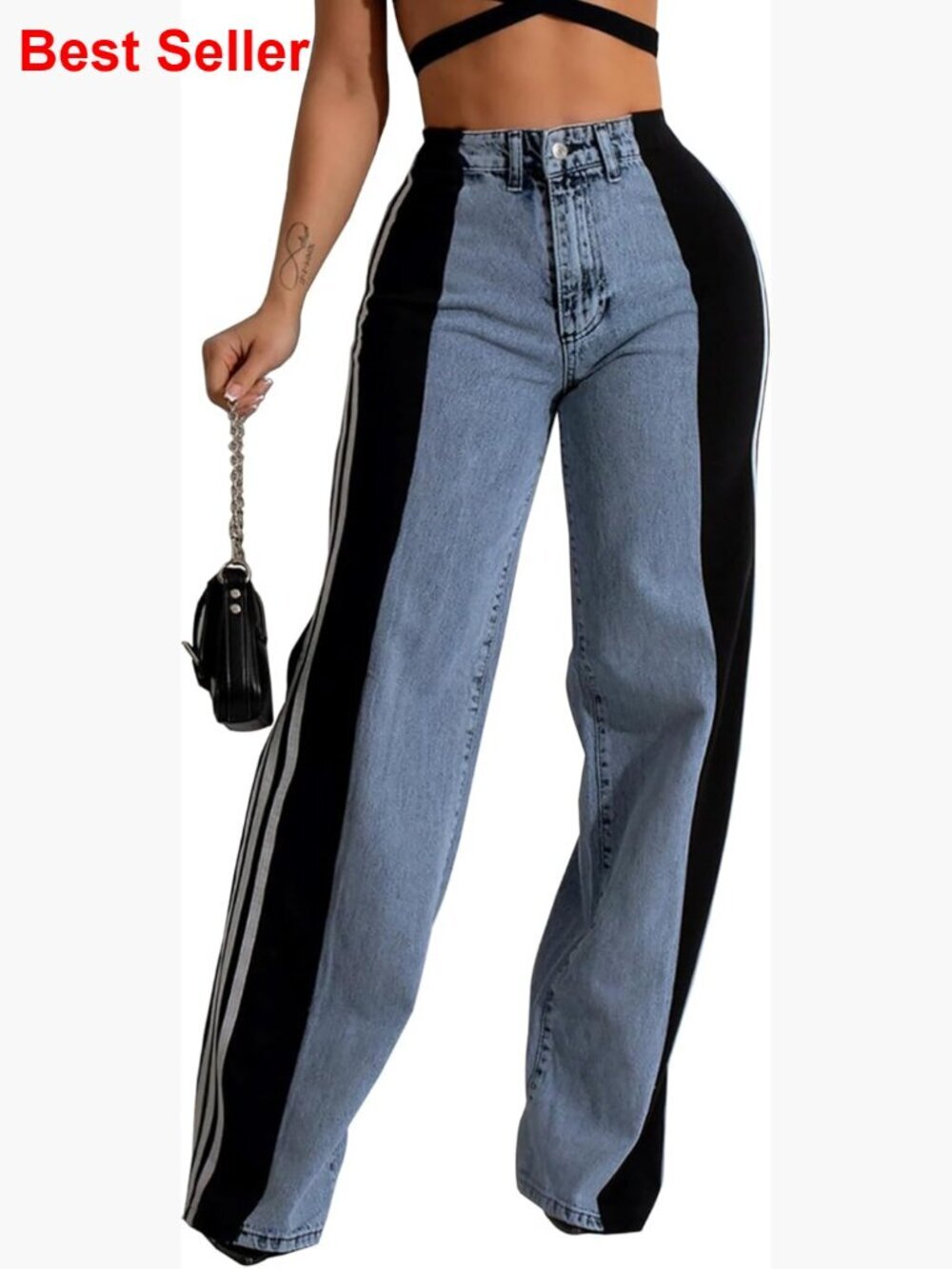 High Waisted Wide Leg Jeans Stretchy Two Tone Denim Pants - Picture 1 of 7
